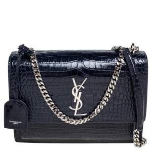 Pre Owned Yves Saint Laurent Paris Dark Blue Croc Embossed Leather Sunset Shoulder Bag