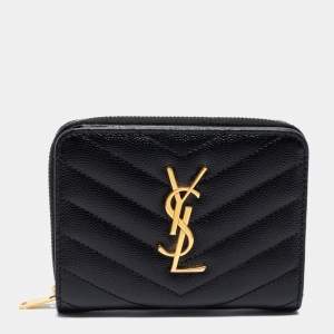 Pre Owned Saint Laurent Black Matelassé Leather Monogram Compact Wallet