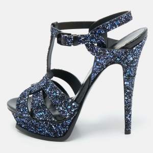 Yves Saint Laurent Navy Blue Glitter and  Python Embossed Tribute Platform Sandals Size 38.5