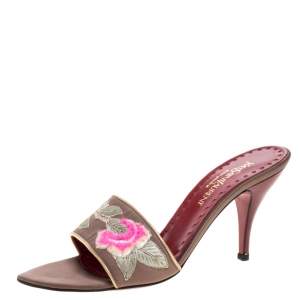 Pre Owned Yves Saint Laurent Vintage Beige Embroidered Satin Open Toe Sandals Size 38.5