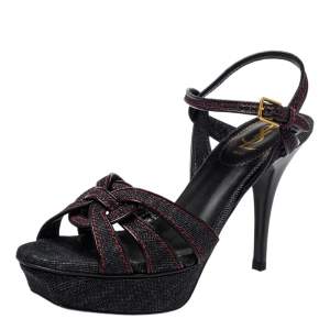 Pre Owned Yves Saint Laurent Black Denim Tribute Platform Ankle Strap Sandals Size 38.5