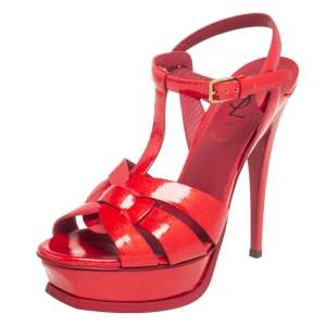 Pre Owned Yves Saint Laurent Red Patent Leather Tribute Platform Sandals Size 38