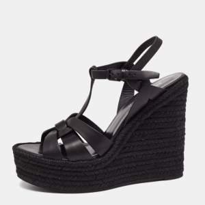 Pre Owned Yves Saint Laurent Black  Leather Tribute Espadrilles Wedge Sandals Size 40