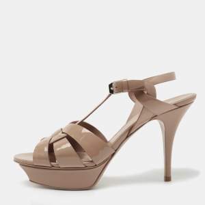 Pre Owned Yves Saint Laurent Beige Patent Leather Tribute Ankle Strap Sandals Size 40.5