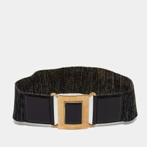 Yves Saint Laurent Gold/Black Elastic and Leather Waist Belt 65 CM