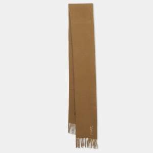 Yves Saint Laurent Vintage Brown Logo Embroidered Wool Fringed Muffler 