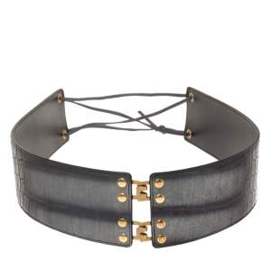 Pre Owned Yves Saint Laurent Grey/Black Croc Embossed Leather Waist Belt S