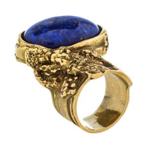 Pre Owned Yves Saint Laurent Blue Cabochon Gold Tone Arty Ring Size 6