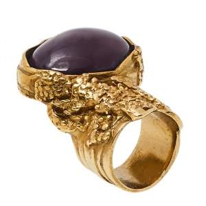 Pre Owned Yves Saint Laurent Purple Glass Cabochon Arty Oval Ring Size 5