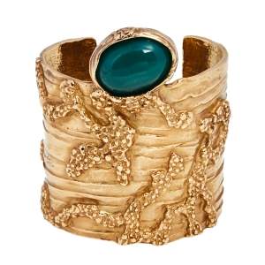 Pre Owned Yves Saint Laurent Green Glass Cabochon Gold Tone Cuff Bracelet
