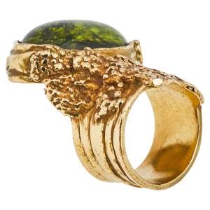 Pre Owned Yves Saint Laurent Green Glass Cabochon Arty Ring Size EU 57