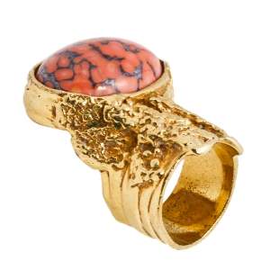 Pre Owned Yves Saint Laurent Coral Cabochon Gold Tone Arty Ring SIze EU 57