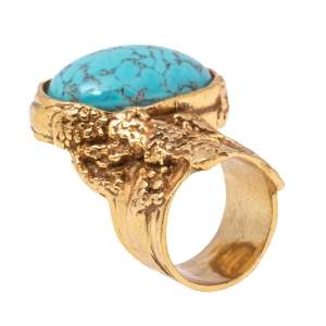 Pre Owned Yves Saint Laurent Blue Glass Cabochon Gold Tone Arty Ring Size 6