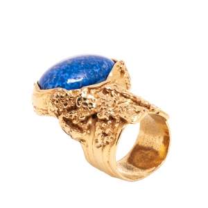 Pre Owned Yves Saint Laurent Arty Blue Glass Cabochon Oval Ring Size 7