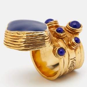 Yves Saint Laurent Arty Blue Cabochon & Enamel Gold Tone Ring Size 52