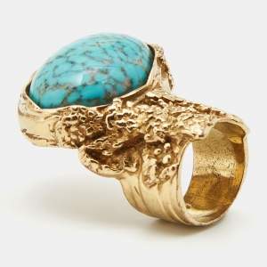  Yves Saint Laurent Arty Glass Cabochon Gold Tone Ring Size 52