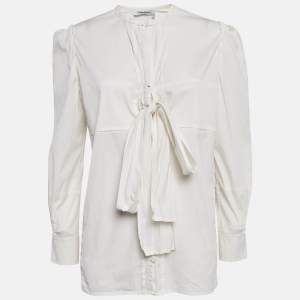 Pre Owned Yves Saint Laurent Paris Off-White Cotton Stretch Tie-Up Blouse L