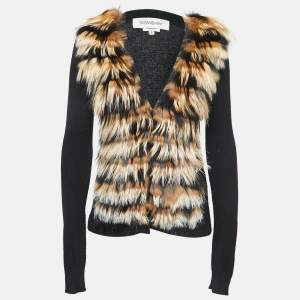 Yves Saint Laurent Black Real Fur Knit Button Front Cardigan S