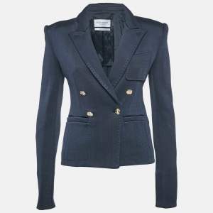 Yves Saint Laurent Navy Blue Rib Knit Double Breasted Blazer S