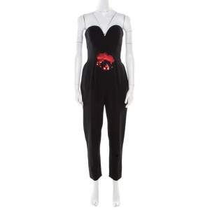 Pre Owned Yves Saint Laurent Black Wool Floral Embellished Strapless Jumpsuit M