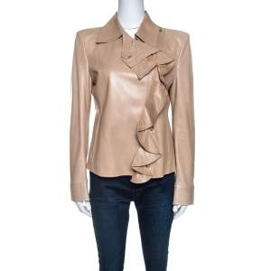 Yves Saint Laurent Beige Leather Ruffle Detail Jacket L