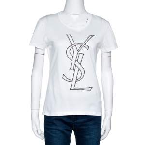 Pre Owned Yves Saint Laurent White Logo Embroidered Cotton Fitted T-Shirt L