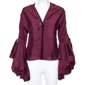 Pre Owned Yves Saint Laurent Burgundy Cotton Balloon Sleeve Detail Shirt M