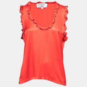 Pre Owned Yves Saint Laurent Red Silk Ruffle Trim Sleeveless Top M