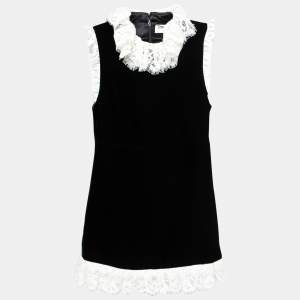 Saint Laurent Black Velvet Lace Trimmed Sleeveless Short Dress S