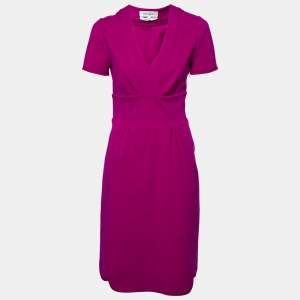 Pre Owned Yves Saint Laurent Purple Wool V-Neck Scalloped Hem Dress M