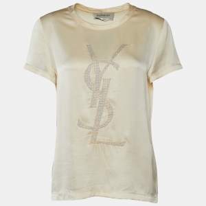 Pre Owned Yves Saint Laurent Cream Logo Embroidered Silk Satin Top M