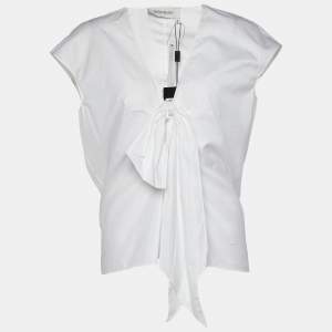 Pre Owned Yves Saint Laurent White Cotton Bow Detail V-Neck Top M