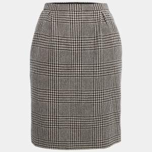 Yves Saint Laurent Vintage Black Houndstooth Patterned Wool Knee Length Skirt S