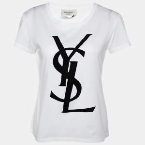 Pre Owned Yves Saint Laurent Rive Gauche White Logo Printed Cotton T-Shirt M