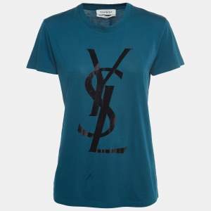Yves Saint Laurent Blue Cotton Logo Detailed Short Sleeve T-Shirt M