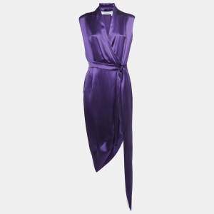 Yves Saint Laurent Purple Draped Satin Sleeveless Asymmetric Dress L