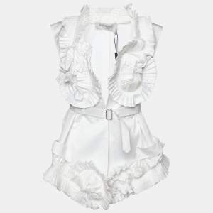 Yves Saint Laurent White Cotton Spiral Pleat Detail Belted Vest M