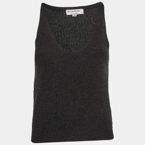 Pre Owned Yves Saint Laurent Rive Gauche Dark Grey Beaded Cashmere and Silk Tank Top M