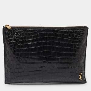 Saint Laurent Black Croc Embossed Leather Monogram Zip Pouch