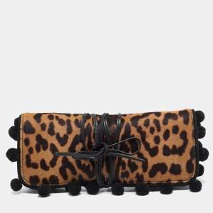 Yves Saint Laurent Brown/Beige Leopard Print Calfhair Pompom Wrap Clutch