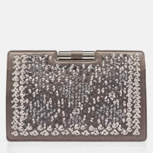 Pre Owned Yves Saint Laurent Grey Satin Sequins Embellished Frame Clutch