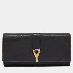 Yves Saint Laurent Black Leather Y line Continental Wallet