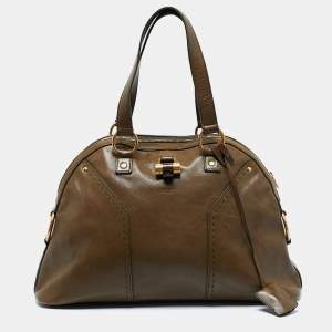 Yves Saint Laurent Olive Green Leather Large Muse Bag