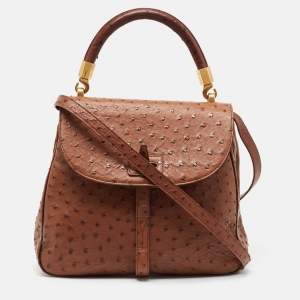 Yves Saint Laurent Brown Ostrich Leather Top Handle Bag
