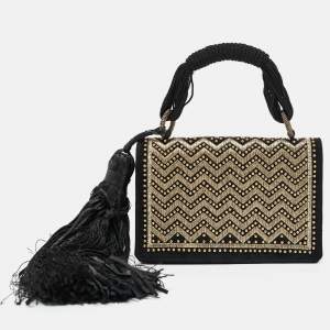 Yves Saint Laurent Black Suede Embroidered Tassel Clutch