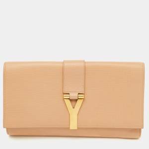 Pre Owned Yves Saint Laurent Beige Leather Y Line Flap Clutch