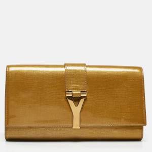 Pre Owned Yves Saint Laurent Gold Patent Leather Y-Ligne Flap Clutch