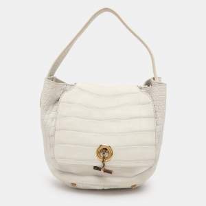 Yves Saint Laurent White Nubuck Croc Embossed Leather Capri Flap Shoulder Bag