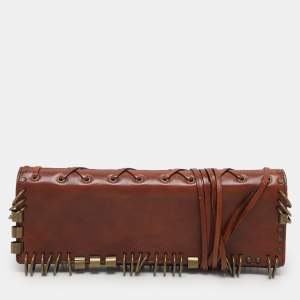 Yves Saint Laurent Brown Leather Ring Studded Clutch