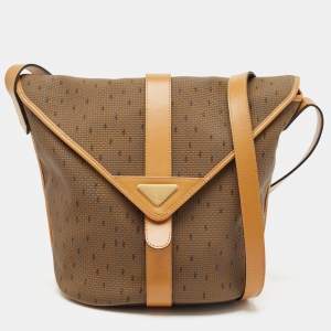 Pre Owned Yves Saint Laurent Brown Printed Woven Fabric and Leather Flap Bucket Bag